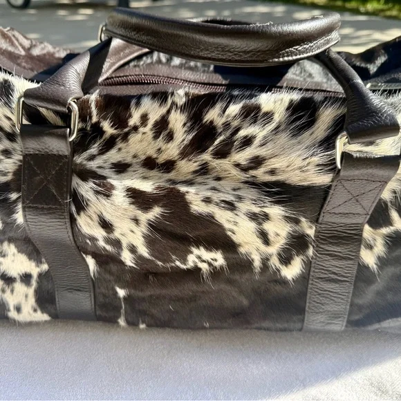 Genuine cowhide leather Duffel bag brown and cream hair on hide weekender